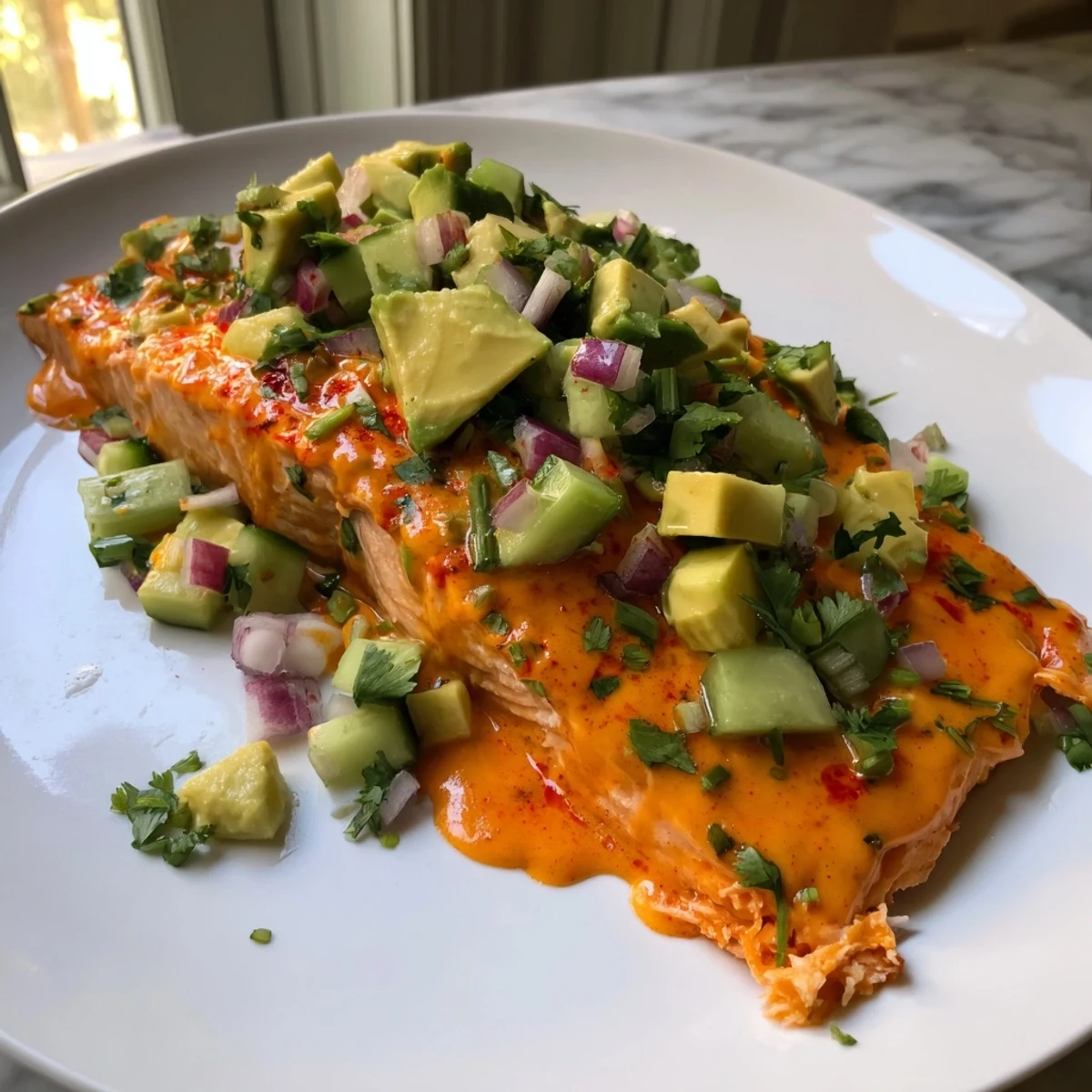 Tender bang bang salmon fillet drizzled with sweet chili sauce beside vibrant green avocado cucumber salsa