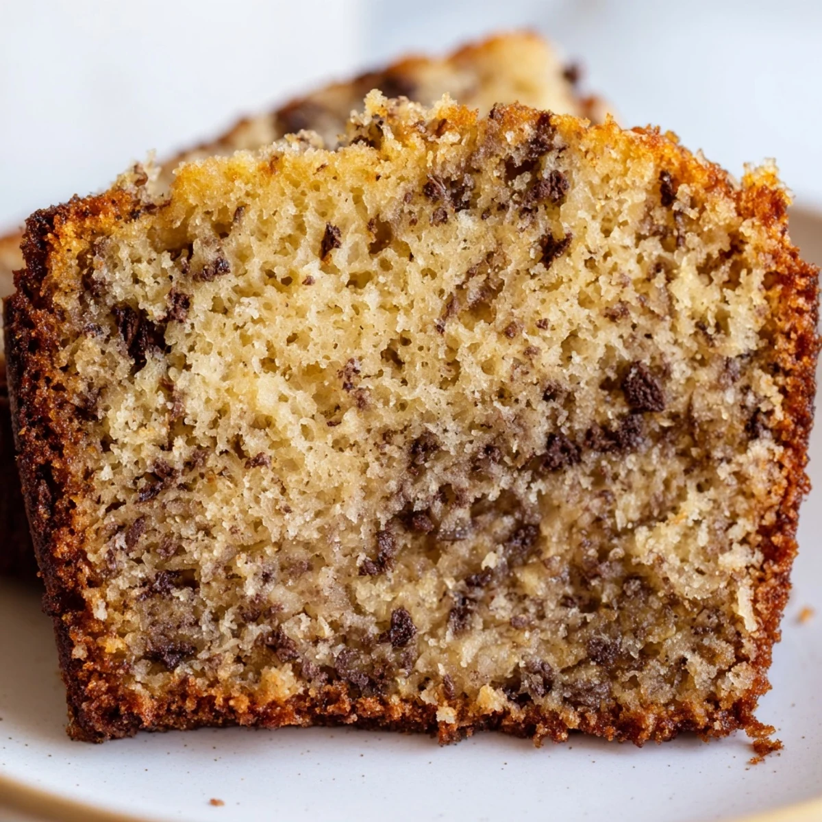 Tender homemade banana cake served on a rustic plate with scattered walnut pieces beside coffee