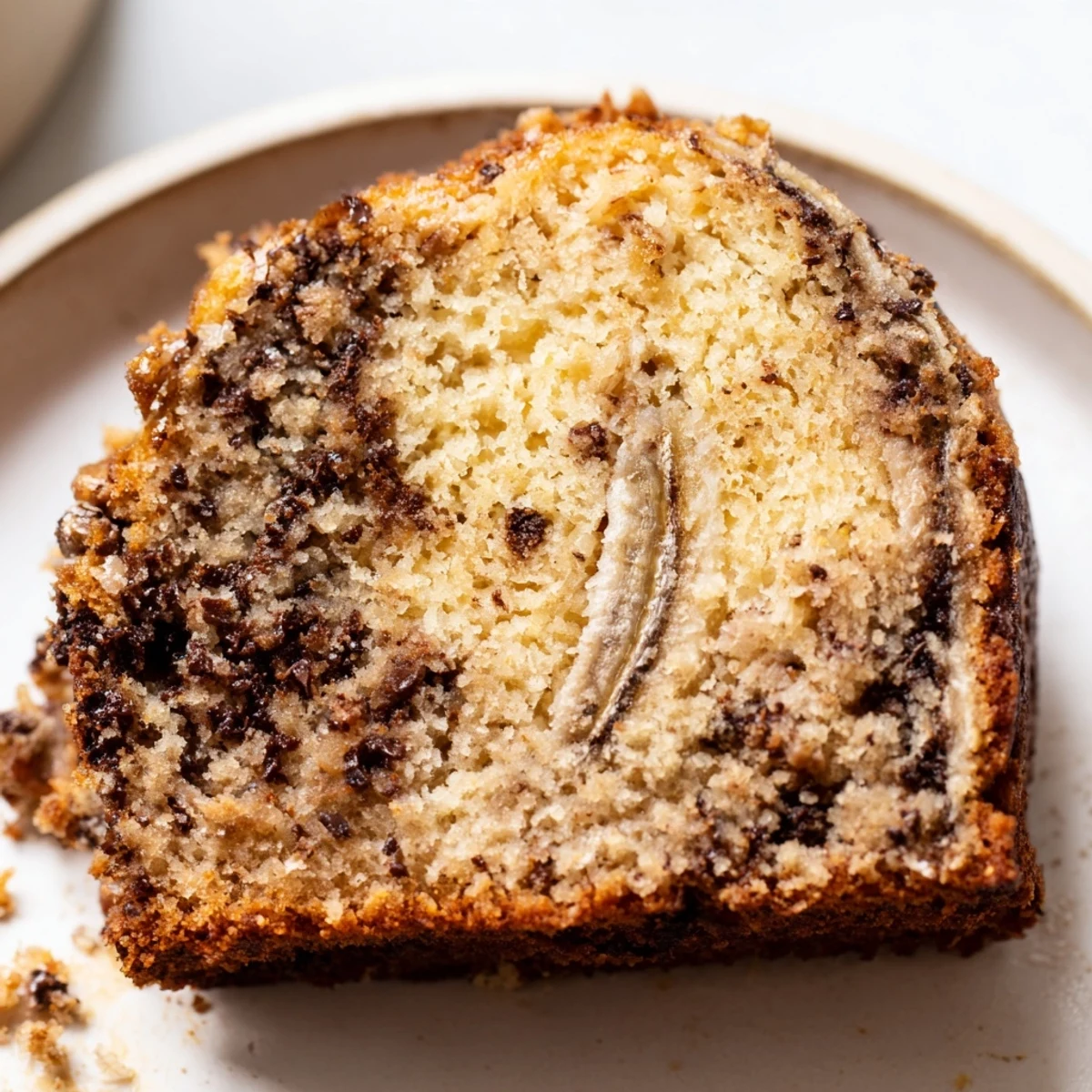 A golden slice of moist banana cake topped with creamy frosting on a white plate