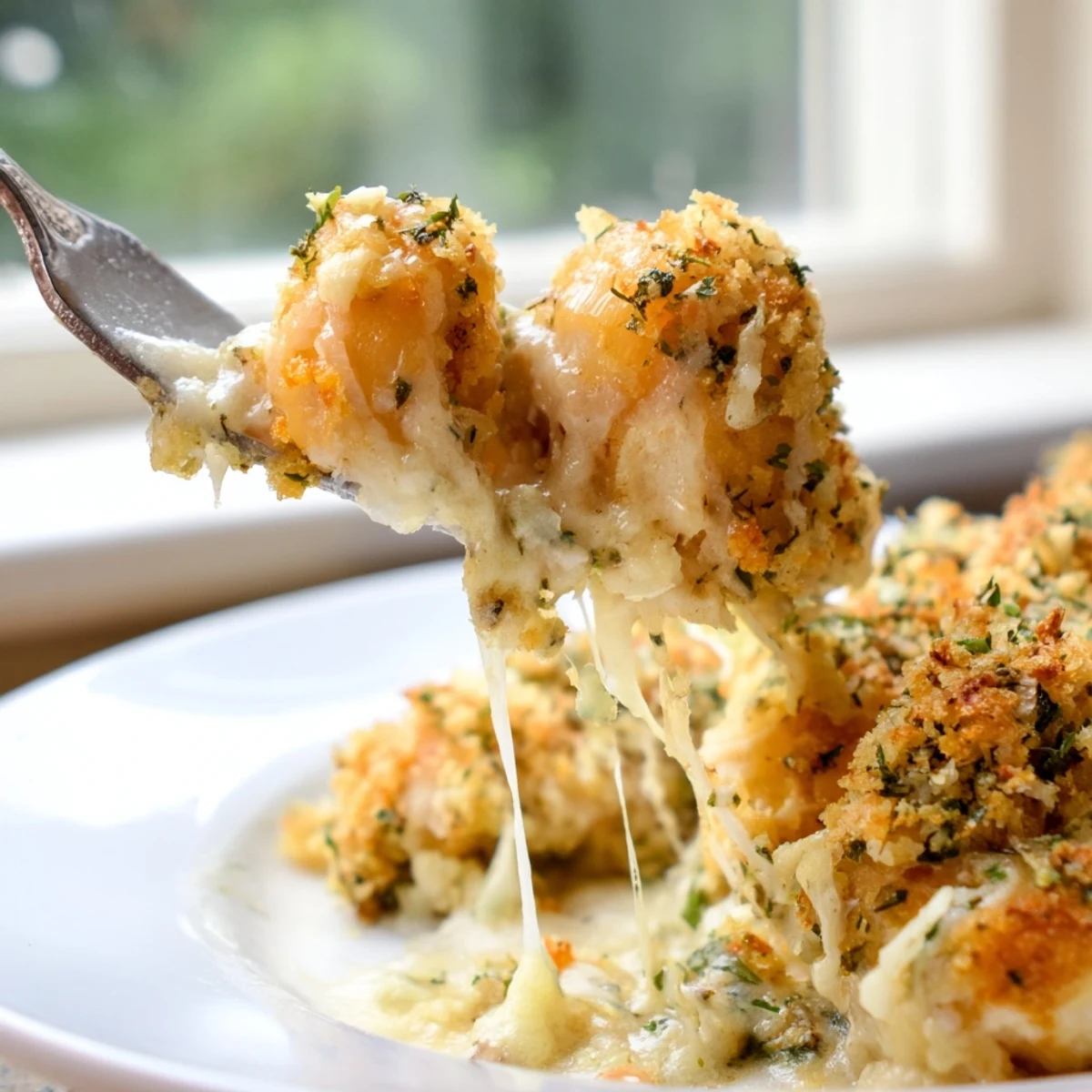 Golden crispy breadcrumb topping on a bubbling Chicken Kiev casserole fresh from the oven