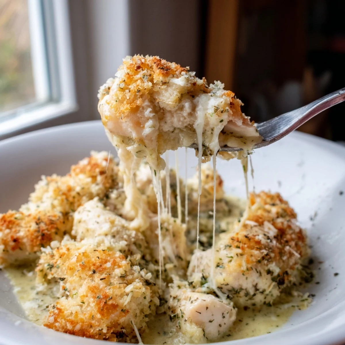 Serving spoon lifts juicy chicken and melted mozzarella from a baked Chicken Kiev casserole