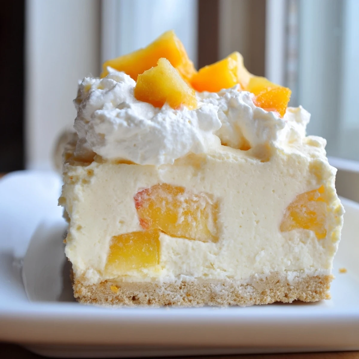 Creamy peaches and cream cheesecake bars with golden graham crust and fresh peach slices on top.