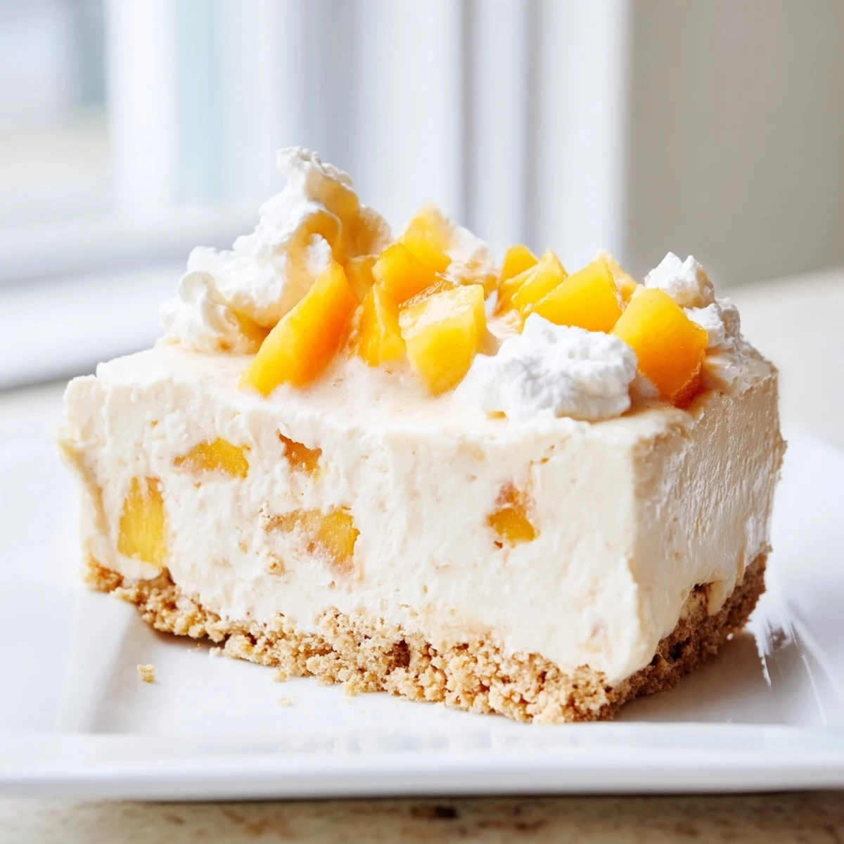 Golden slice of peaches and cream cheesecake bars topped with whipped cream and juicy ripe peaches.