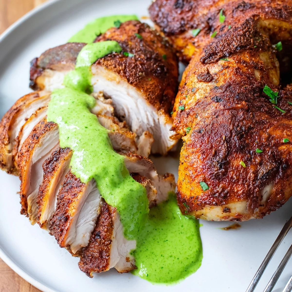 Golden roasted Peruvian Chicken Delight with crispy skin and vibrant green sauce