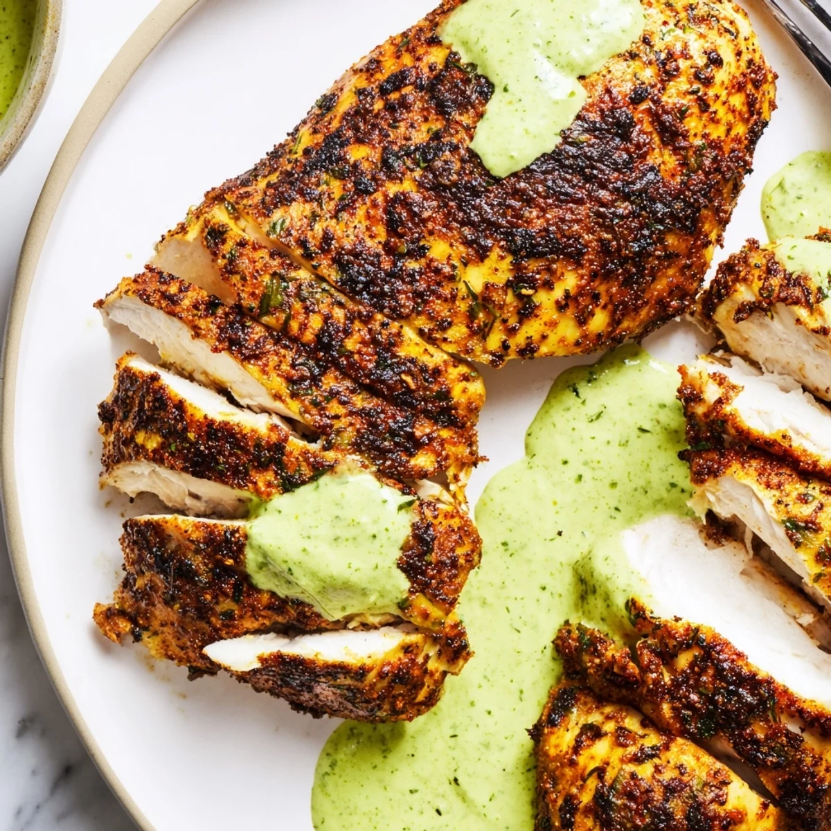 Juicy Peruvian Chicken Delight sliced on a platter drizzled with creamy aji verde