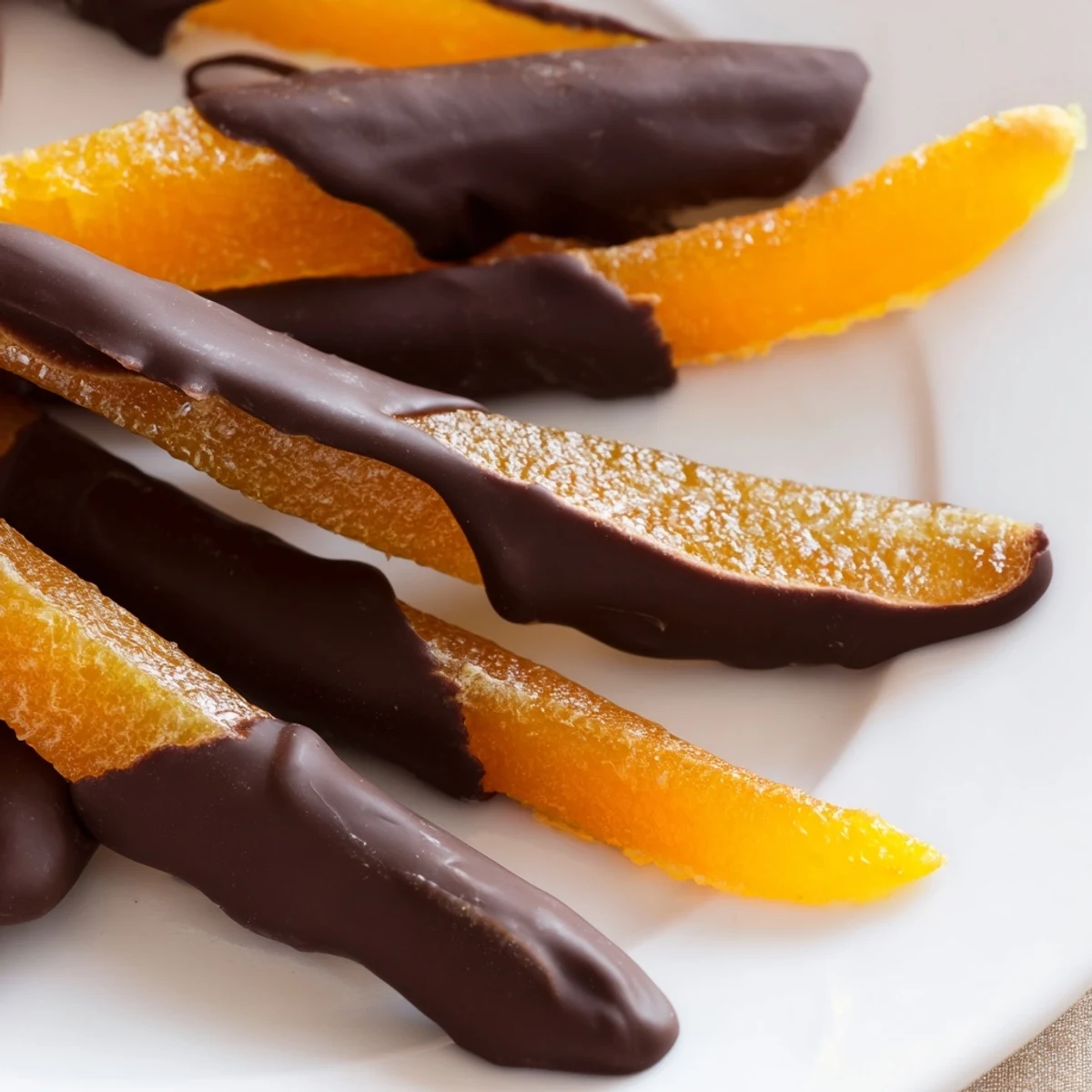 Glossy chocolate covered orange peels arranged on parchment with rich dark coating