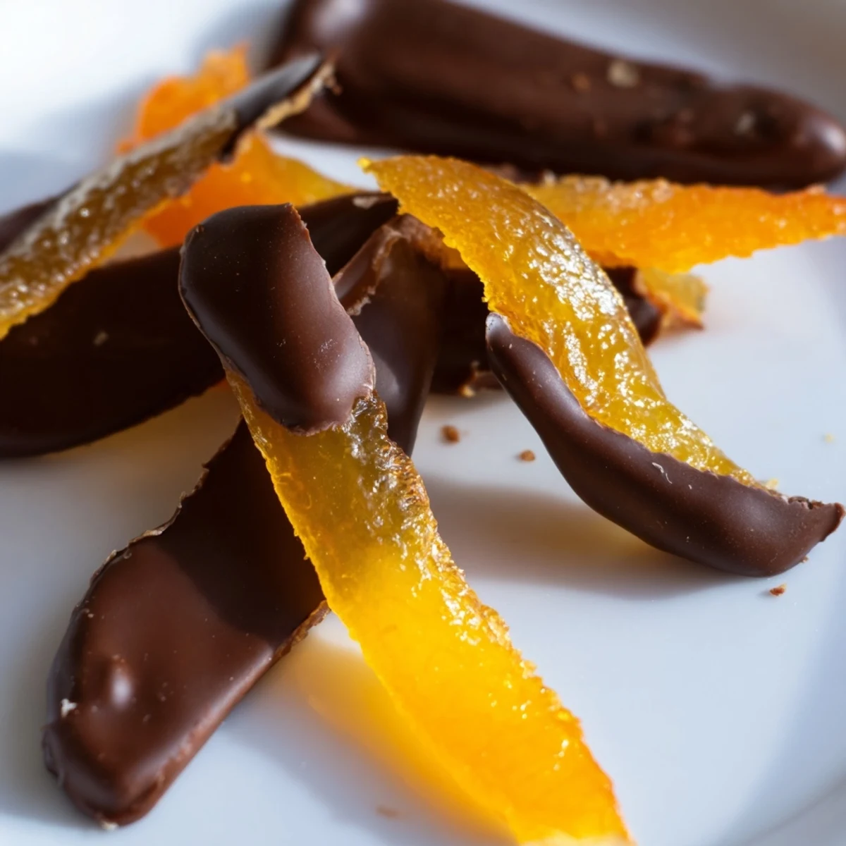 Candied orange peel strips dipped halfway in melted dark chocolate, cooling on wire rack