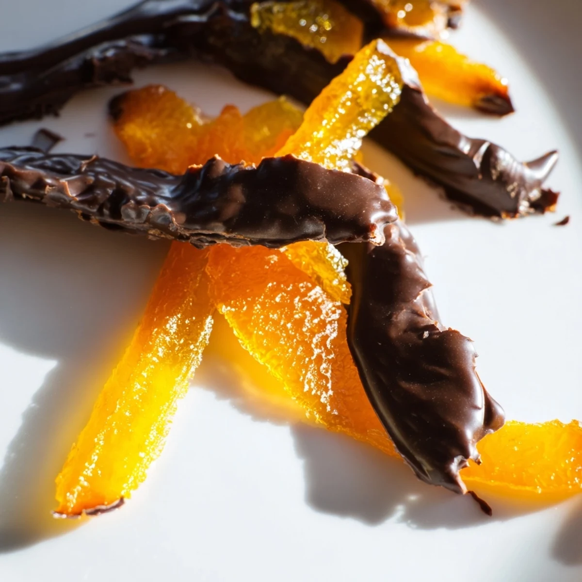 Chocolate covered orange peels glistening with a glossy finish beside a steaming espresso cup