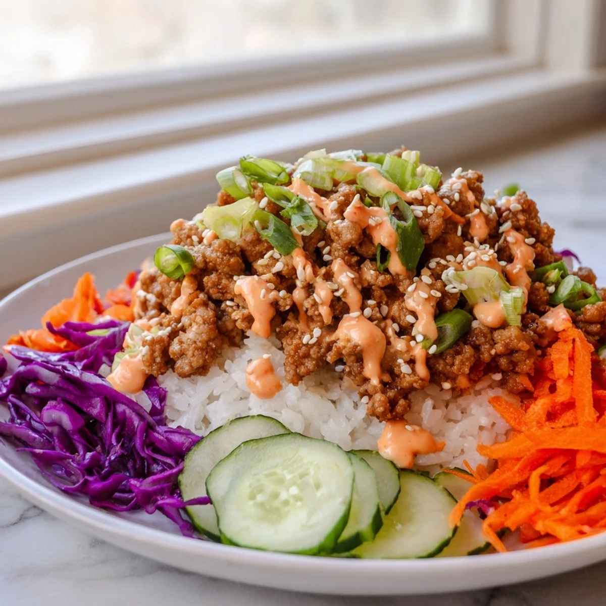 Steaming bowl of seasoned Ground Turkey Rice Bowls With Bang Bang Sauce and fresh slaw