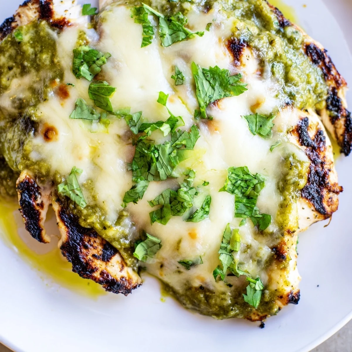 Golden grilled Cheesy Grilled Salsa Verde Pepper Jack Chicken topped with bubbling melted cheese on a rustic platter