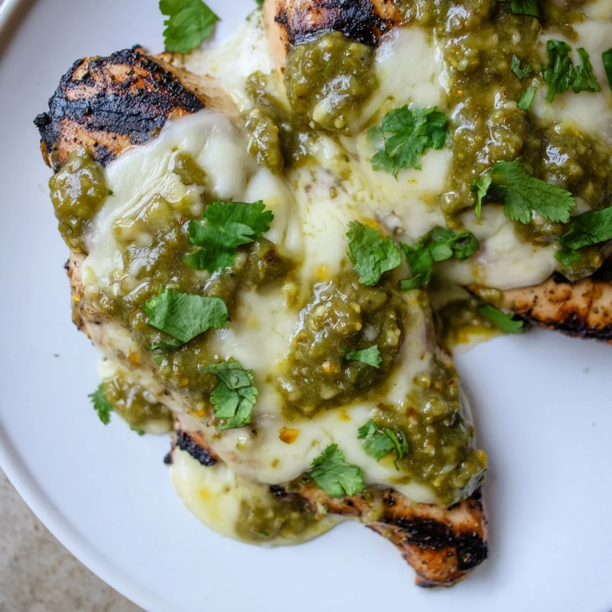 Juicy Cheesy Grilled Salsa Verde Pepper Jack Chicken garnished with fresh cilantro and bright lime wedges
