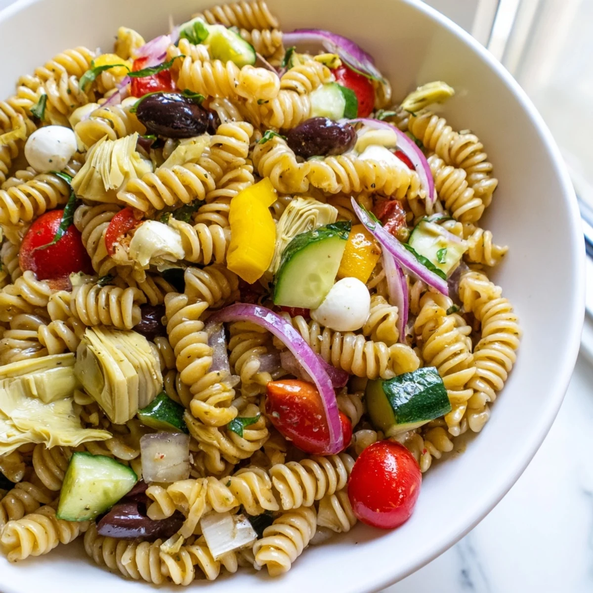 Colorful vegetarian Italian pasta salad loaded with fresh vegetables, olives, and mozzarella pearls