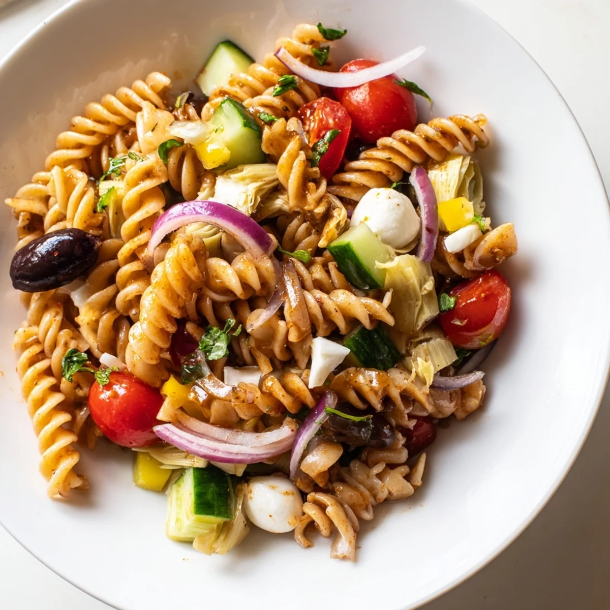 Chilled vegetarian Italian pasta salad featuring cherry tomatoes, basil, and tangy dressing