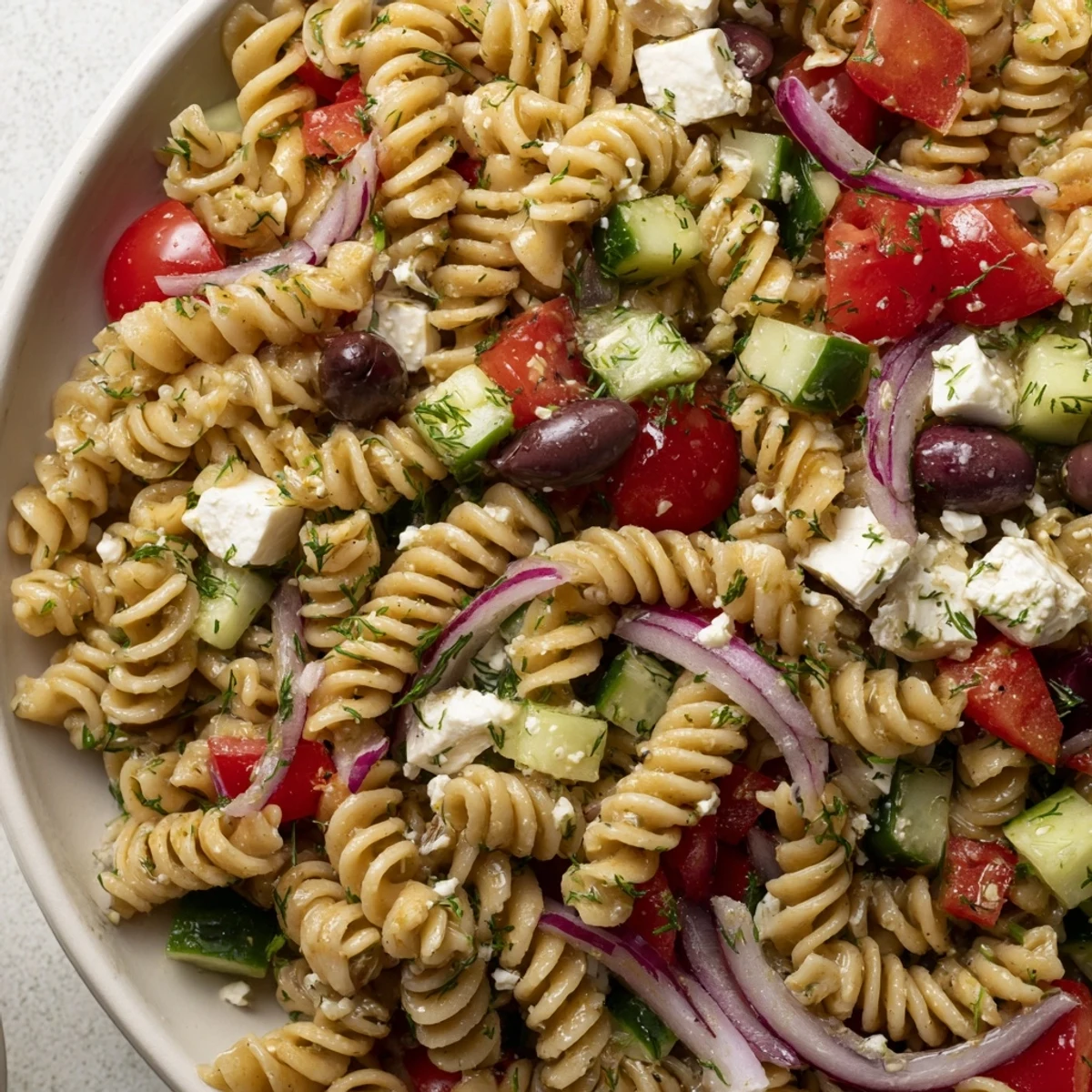 Colorful Greek Pasta Salad loaded with crisp veggies, tangy feta, and plump olives