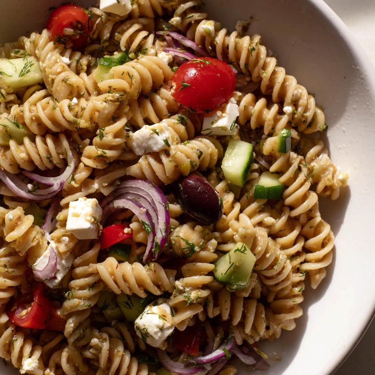 Creamy feta and fresh vegetables tossed in zesty Greek Pasta Salad dressing
