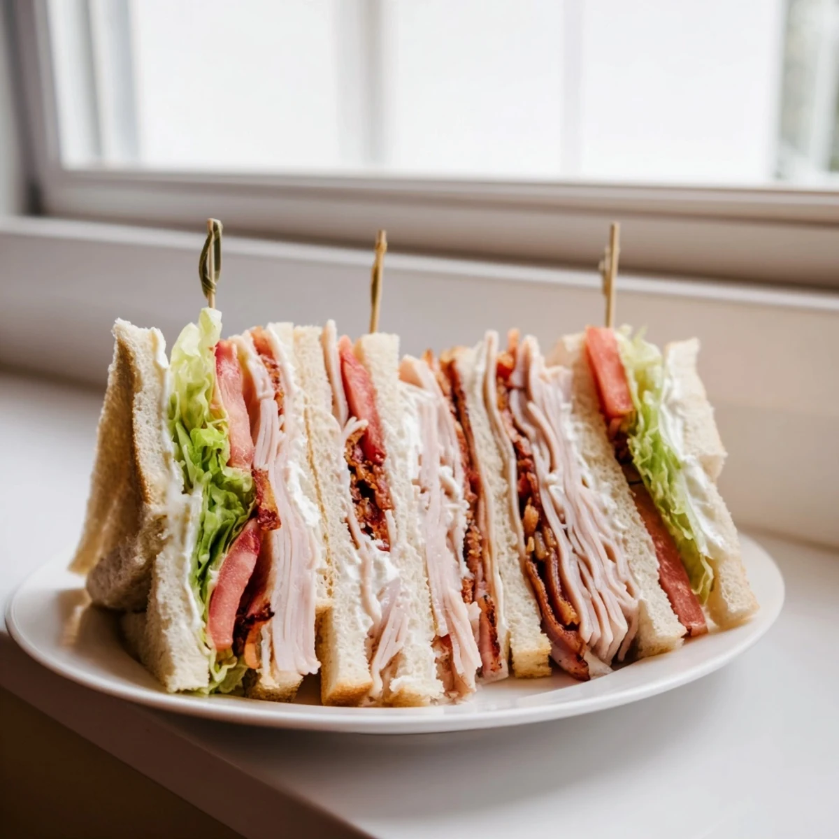 Triple-decker Club Sandwich cut into classic wedges showing layers of ham, tomato, and creamy mayo.