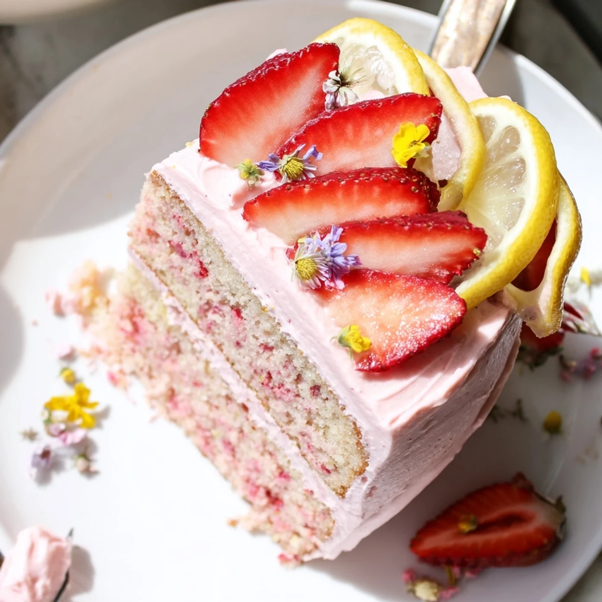 Pink strawberry lemonade cake with creamy frosting topped with fresh berries and lemon slices