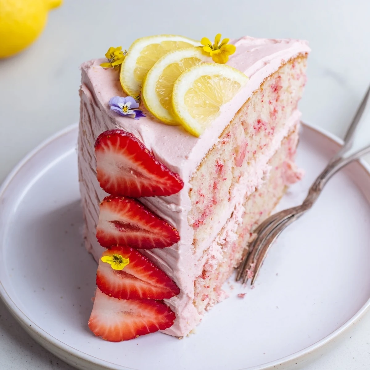 Tall layered strawberry lemonade cake covered in tangy pink cream cheese frosting on a white stand