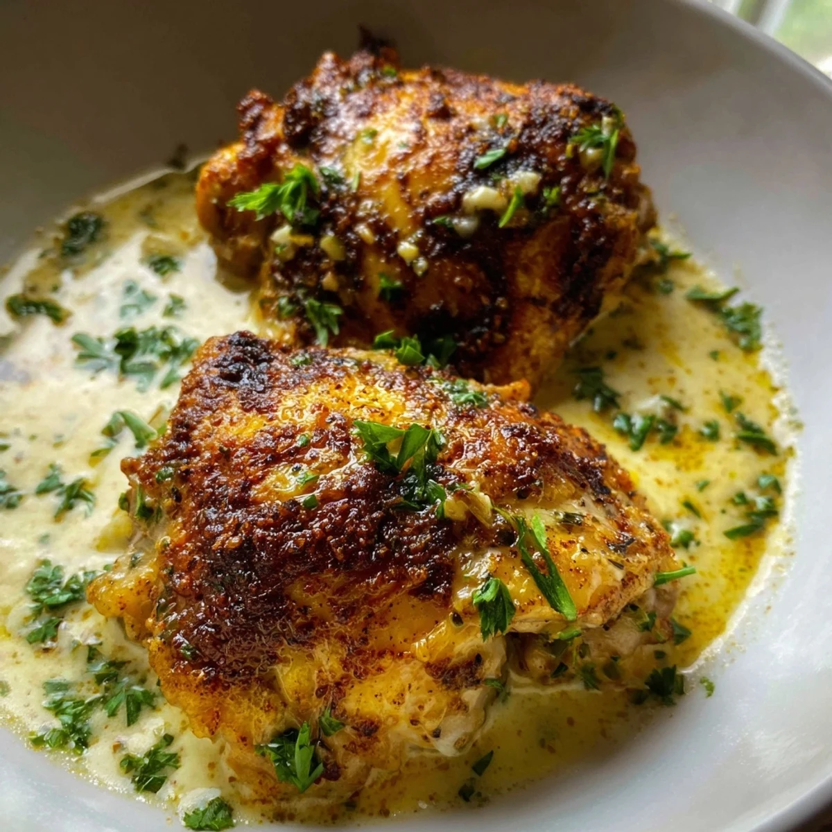Golden creamy oven baked chicken thighs nestled in a rich herb garlic sauce