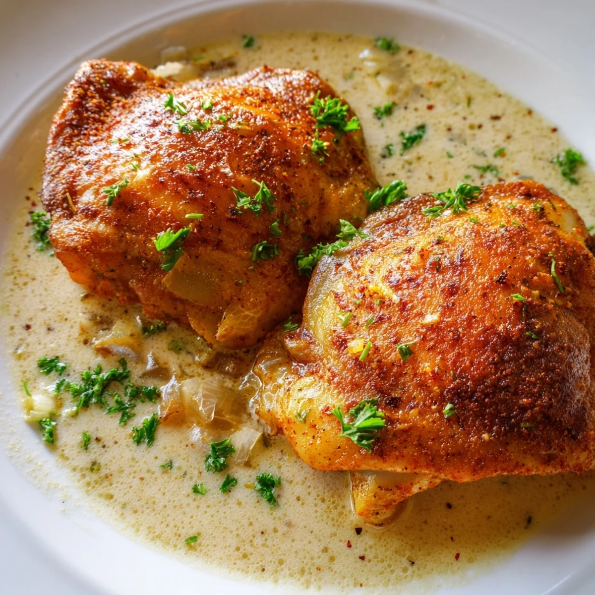 Creamy oven baked chicken thighs with crispy skin in a velvety garlic cream sauce