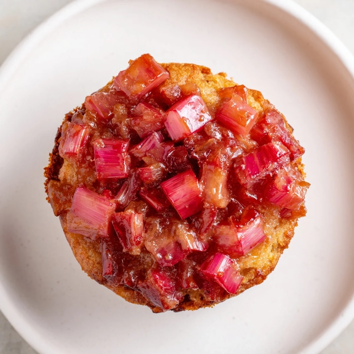 Golden upside down rhubarb muffins with caramelized pink fruit on a wire rack