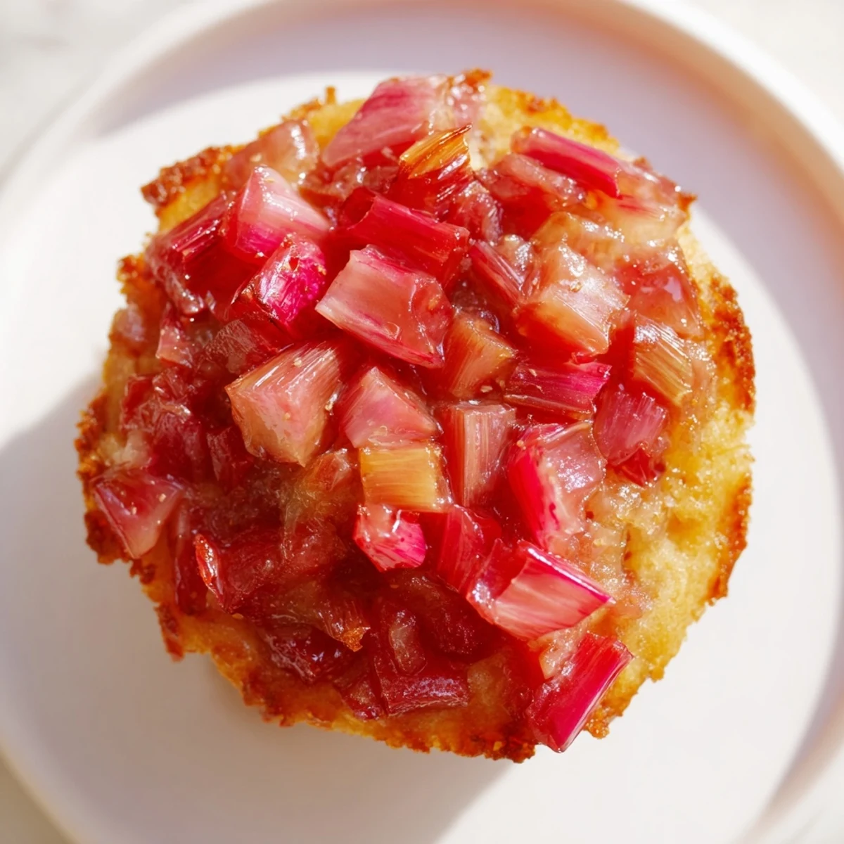 Warm upside down rhubarb muffins served on a rustic plate for spring brunch