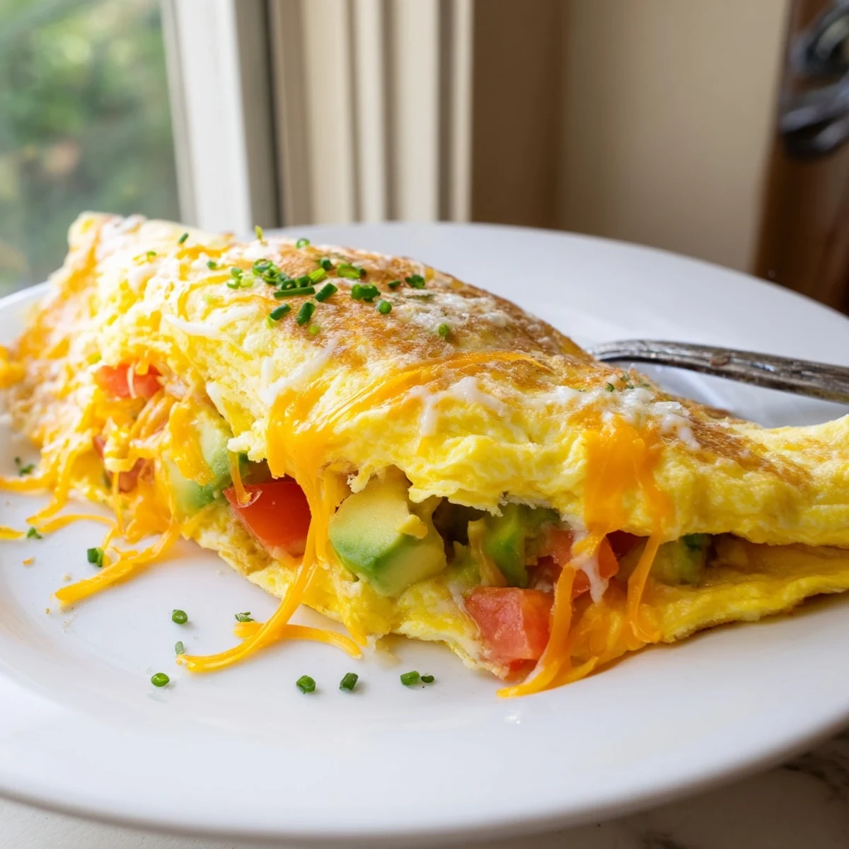 Golden folded avocado cheesy tomato omelette on a white plate with fresh chives