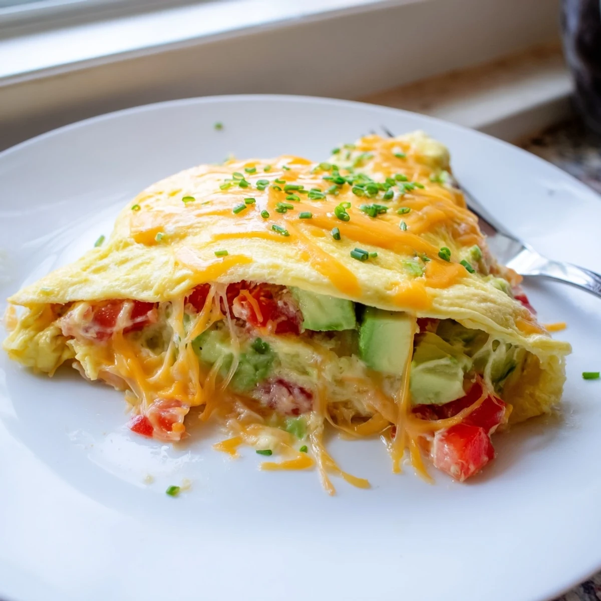 Creamy avocado cheesy tomato omelette with melted cheddar and diced ripe tomatoes