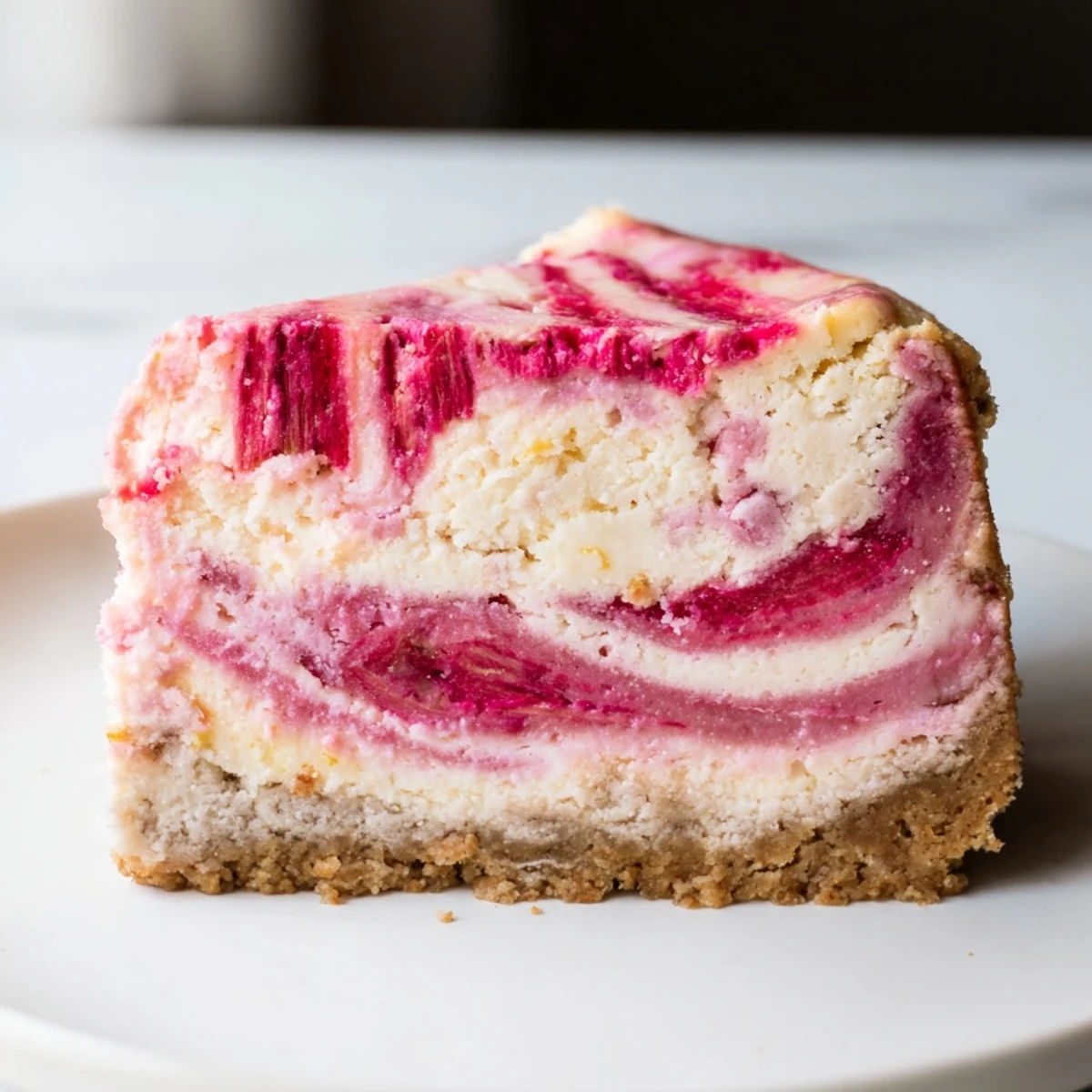 Creamy keto rhubarb cheesecake with a golden almond crust sliced for serving