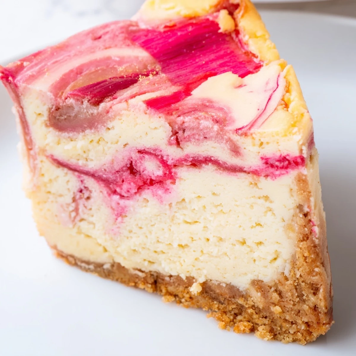 Velvety low-carb cheesecake topped with a vibrant pink rhubarb compote swirl