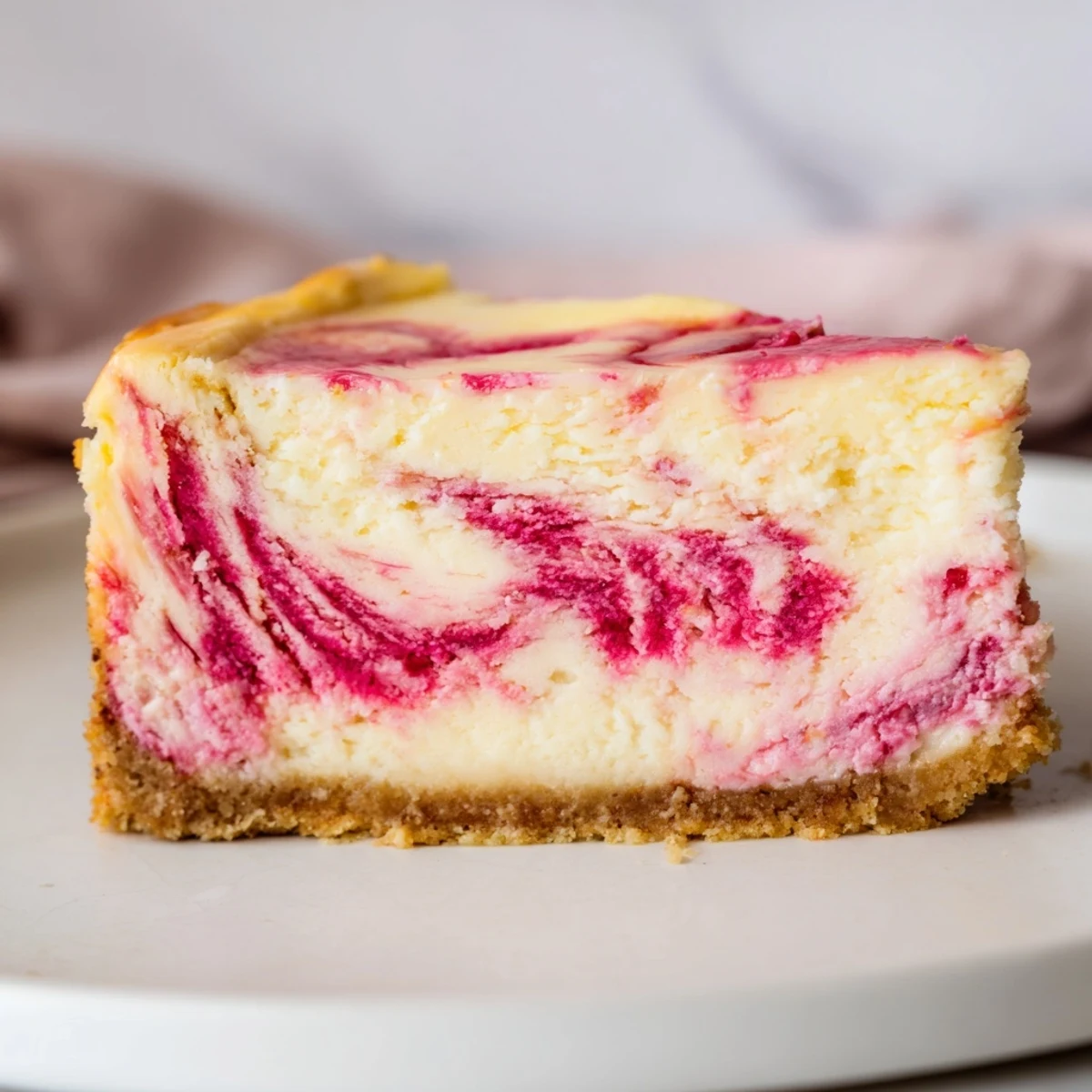 Tangy rhubarb swirl ribboned through a rich and creamy keto cheesecake slice