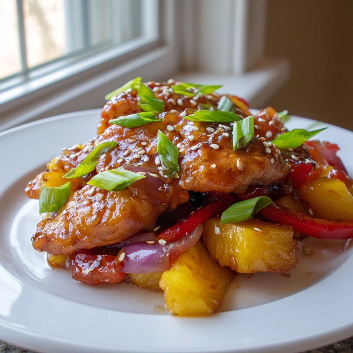 Glossy Hawaiian chicken with caramelized pineapple chunks and tender bell peppers on a plate