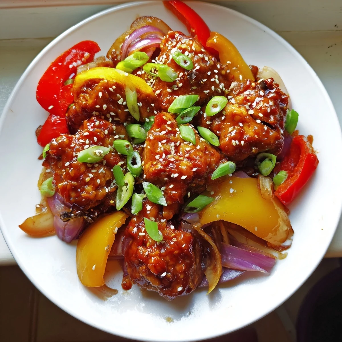Hawaiian chicken thighs coated in sticky sweet-and-tangy sauce beside sautéed colorful vegetables
