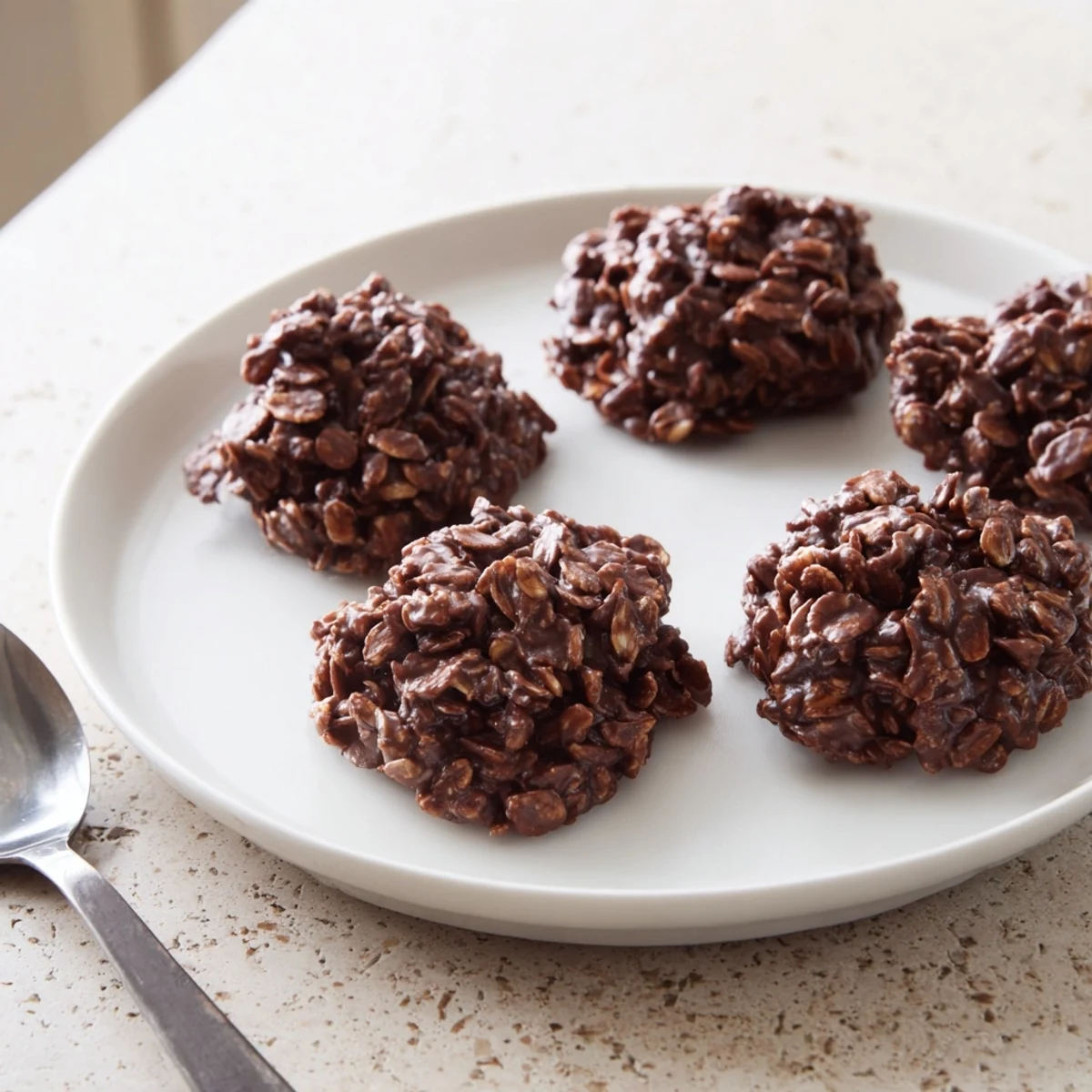 Fudgy chocolate oatmeal no bake cookies piled on a parchment-lined baking sheet