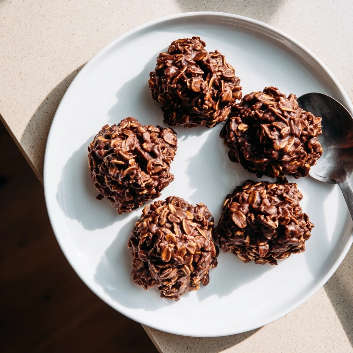 Glossy chocolate oatmeal no bake cookies studded with hearty oats and peanut butter