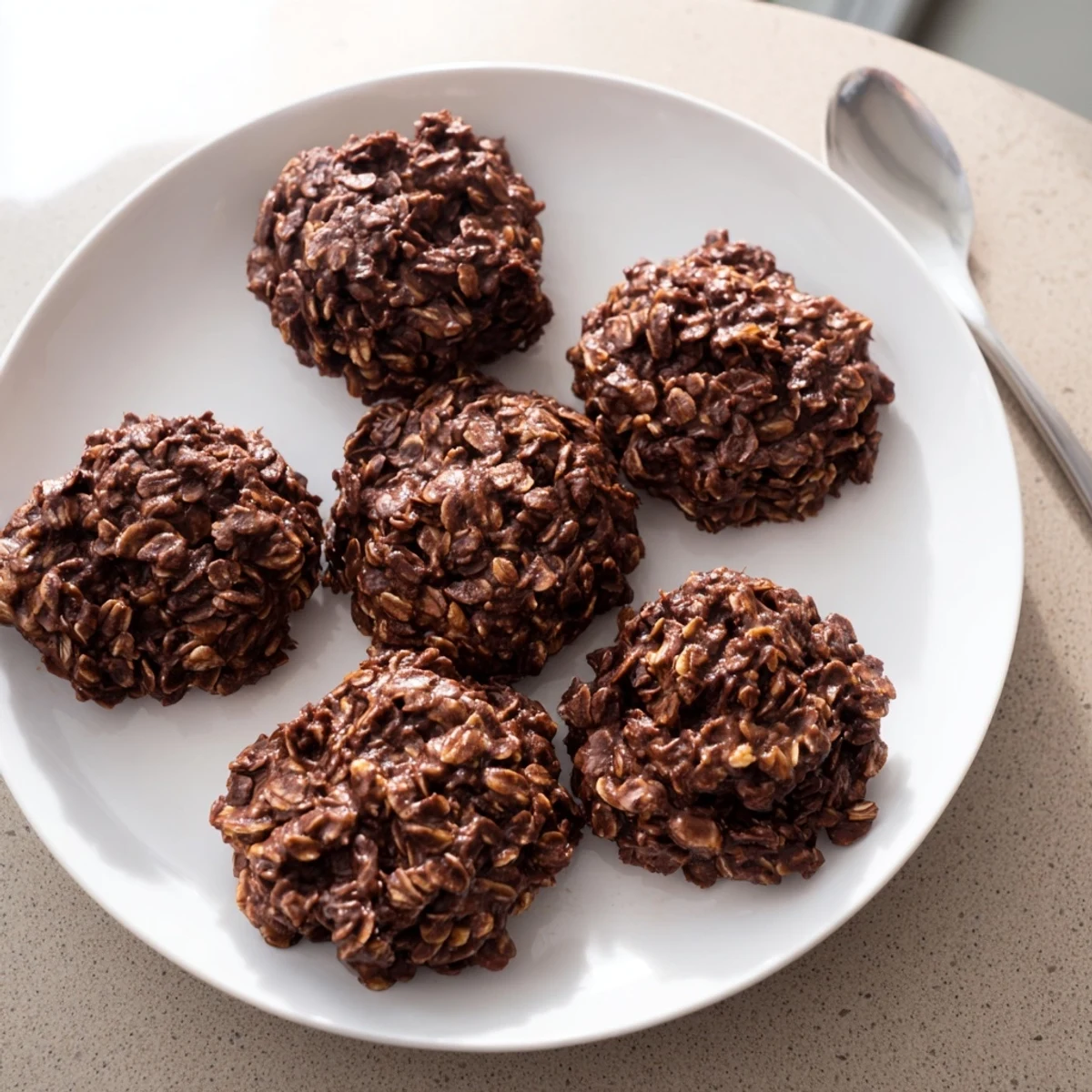Chewy chocolate oatmeal no bake cookies cooling into rich chewy mounds on wax paper