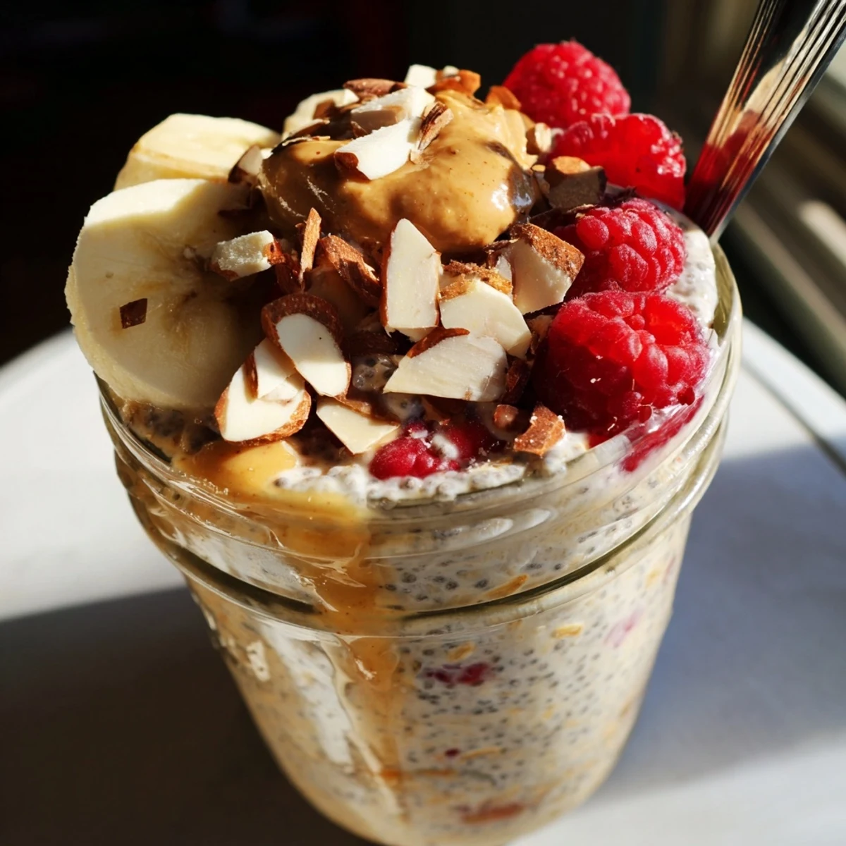 Creamy protein overnight oats topped with fresh berries and a drizzle of nut butter