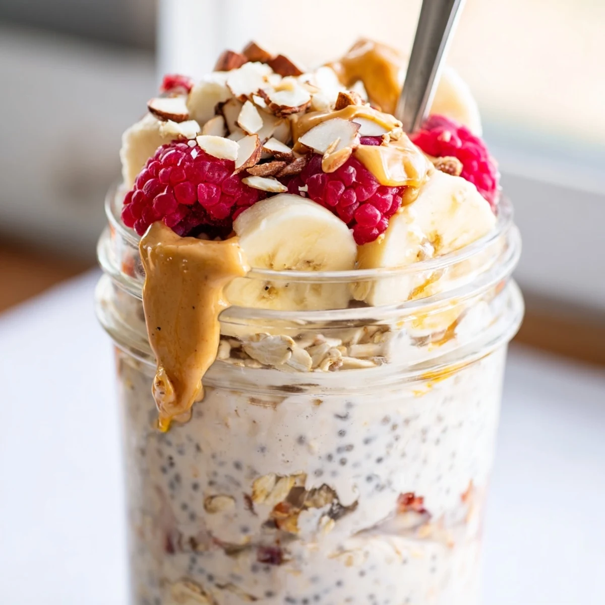 Thick protein overnight oats in a mason jar, layered with sliced banana and chia seeds