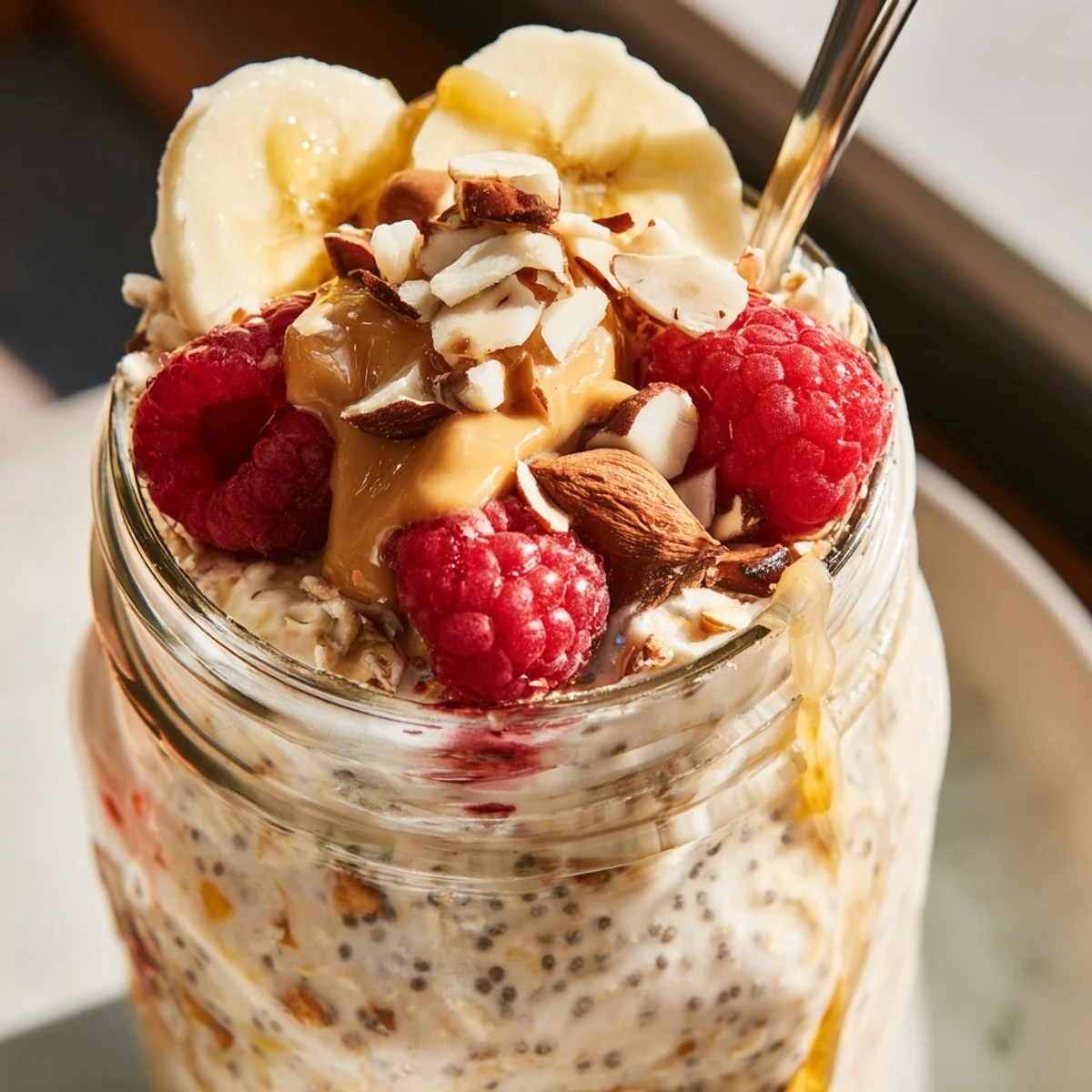 Smooth vanilla protein overnight oats swirled with Greek yogurt and sprinkled with chopped nuts