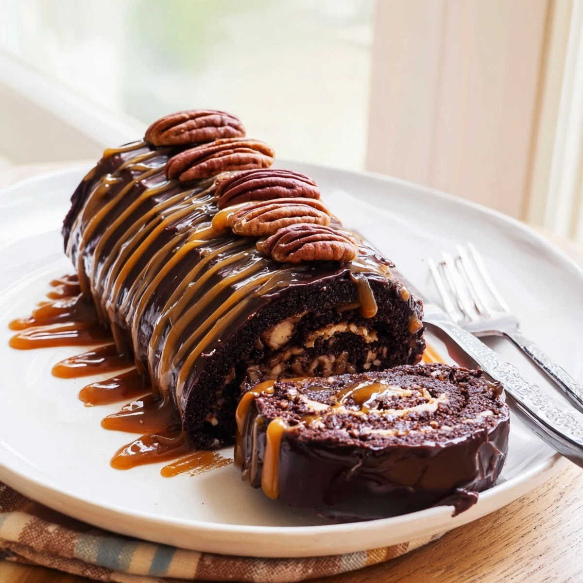 Swirl of caramel and crunchy pecans crowning a spiral slice of Gooey Chocolate Caramel Turtle Cake Roll