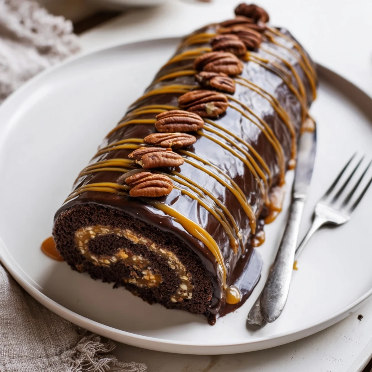Gooey Chocolate Caramel Turtle Cake Roll sliced and drizzled with rich ganache on a rustic wooden board