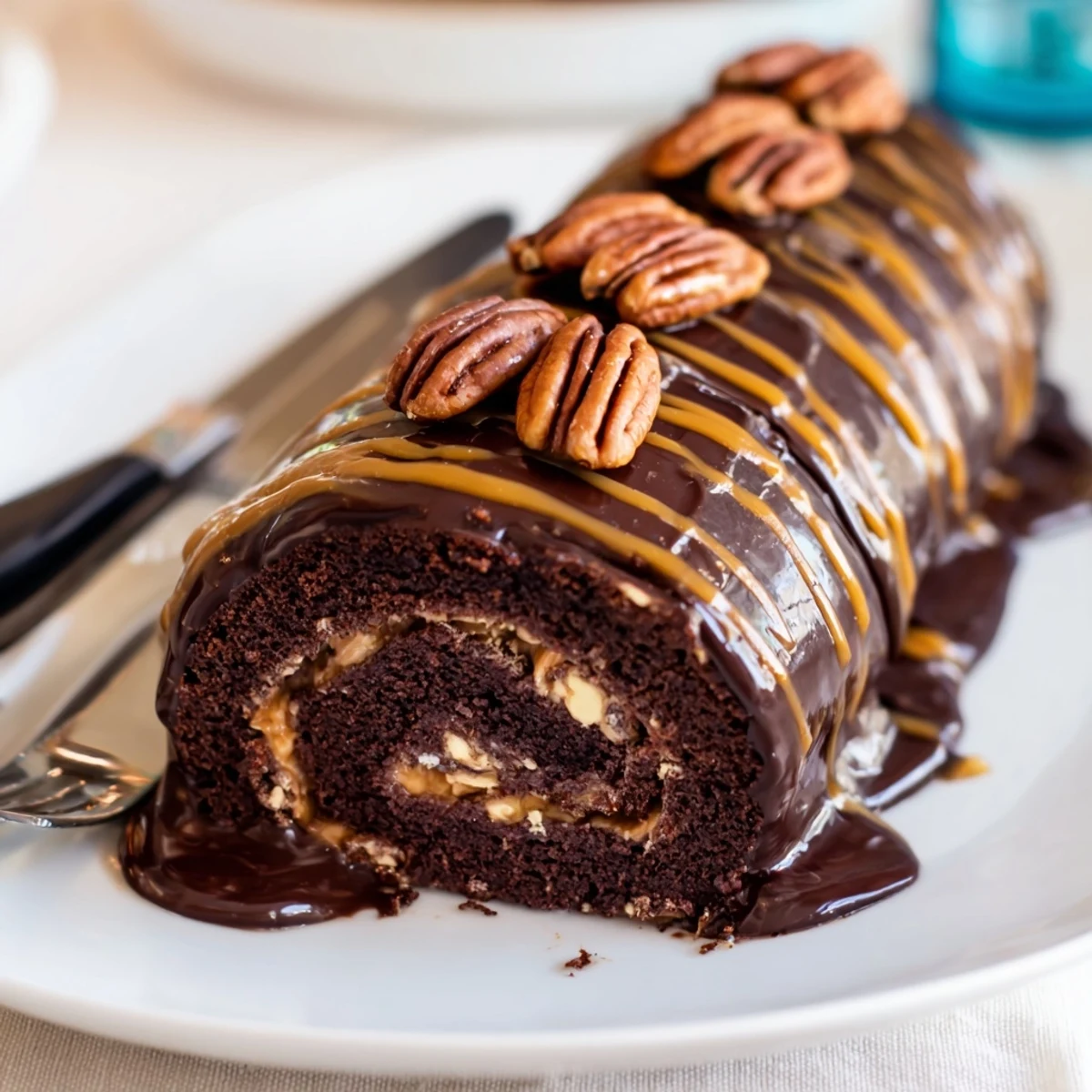 Gooey Chocolate Caramel Turtle Cake Roll served on a white plate with melting chocolate dripping over the edges