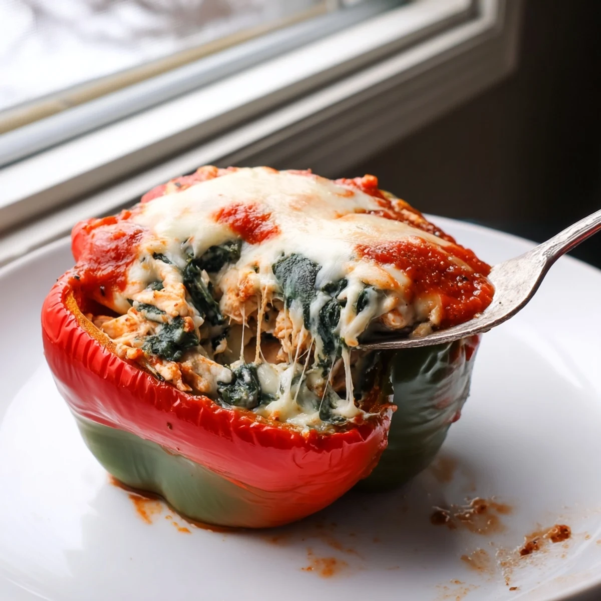 Golden baked chicken Florentine stuffed peppers topped with melted mozzarella and marinara sauce