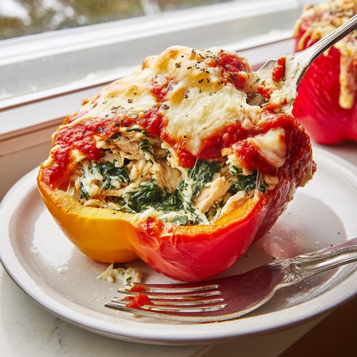 Colorful bell peppers overflowing with creamy chicken Florentine filling fresh from the oven