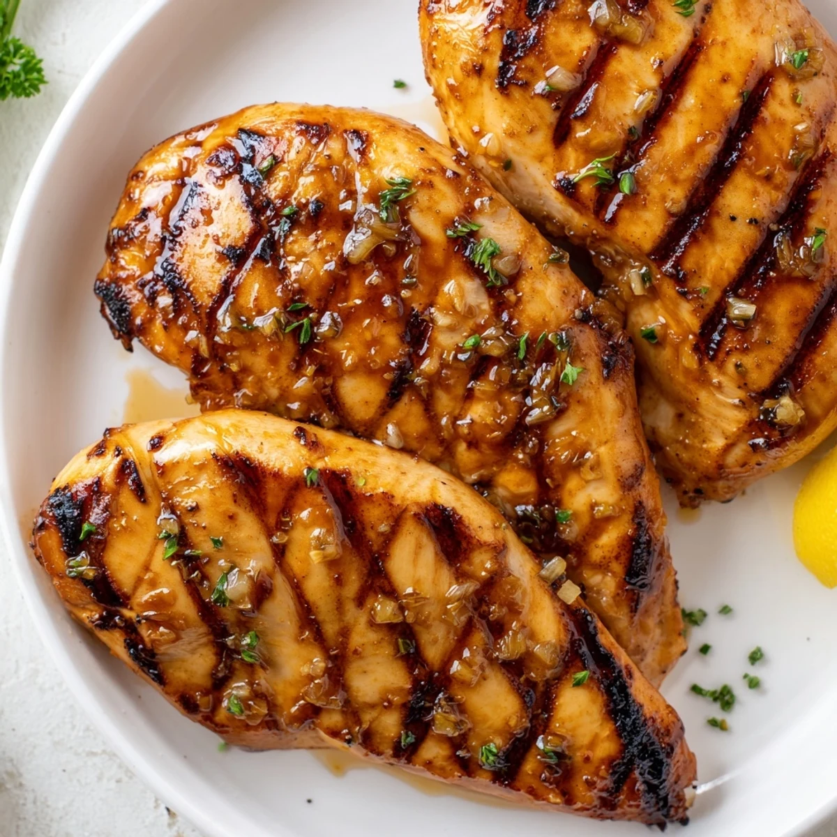 Juicy Maple Dijon Grilled Chicken with golden grill marks on a summer plate