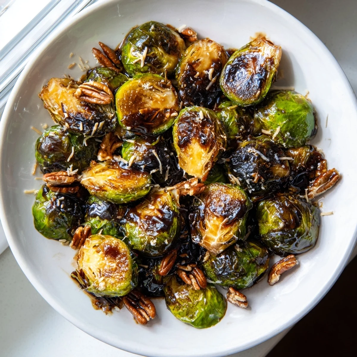 Caramelized honey balsamic Brussels sprouts roasted golden on a parchment-lined baking sheet
