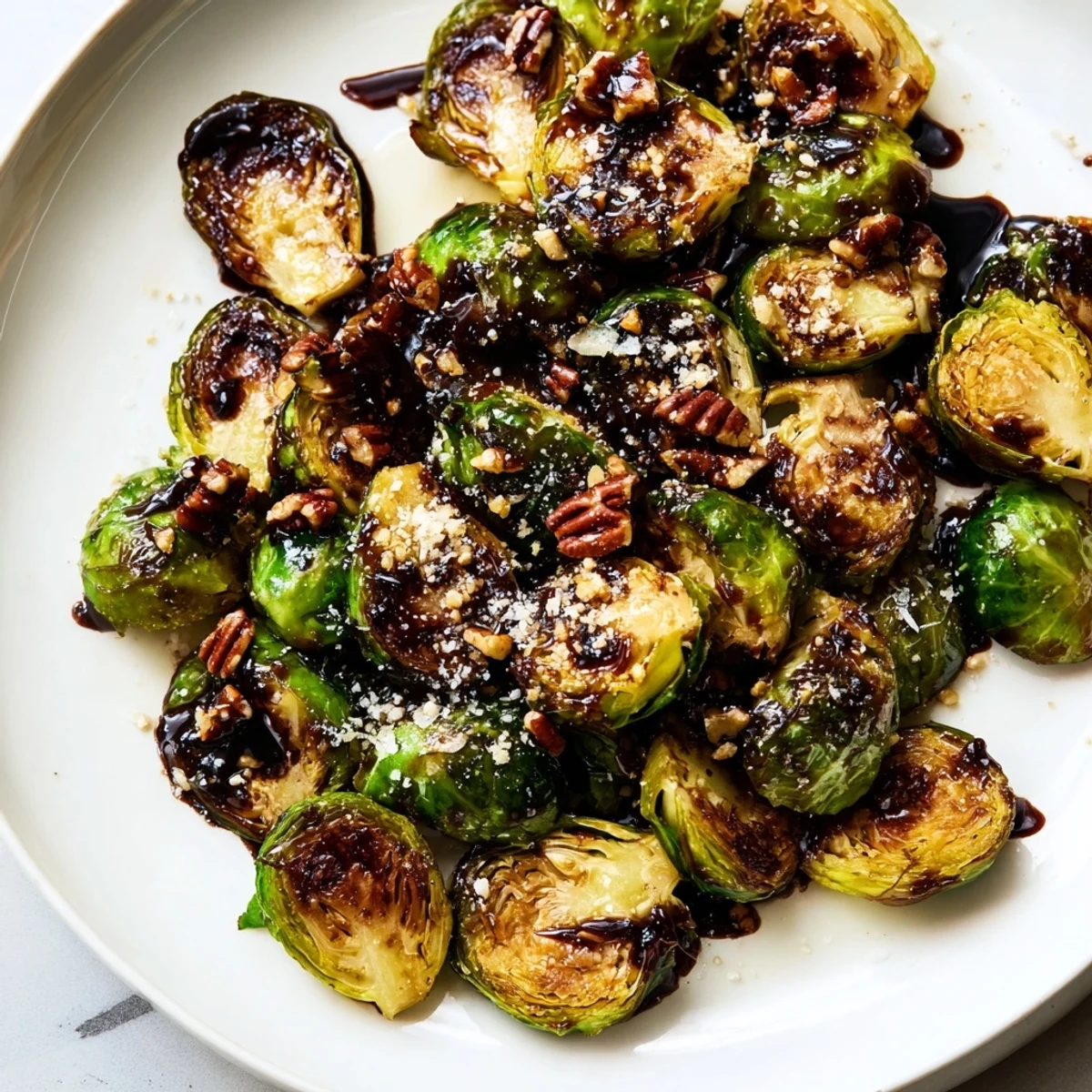 Crispy honey balsamic Brussels sprouts garnished with toasted pecans in a ceramic dish