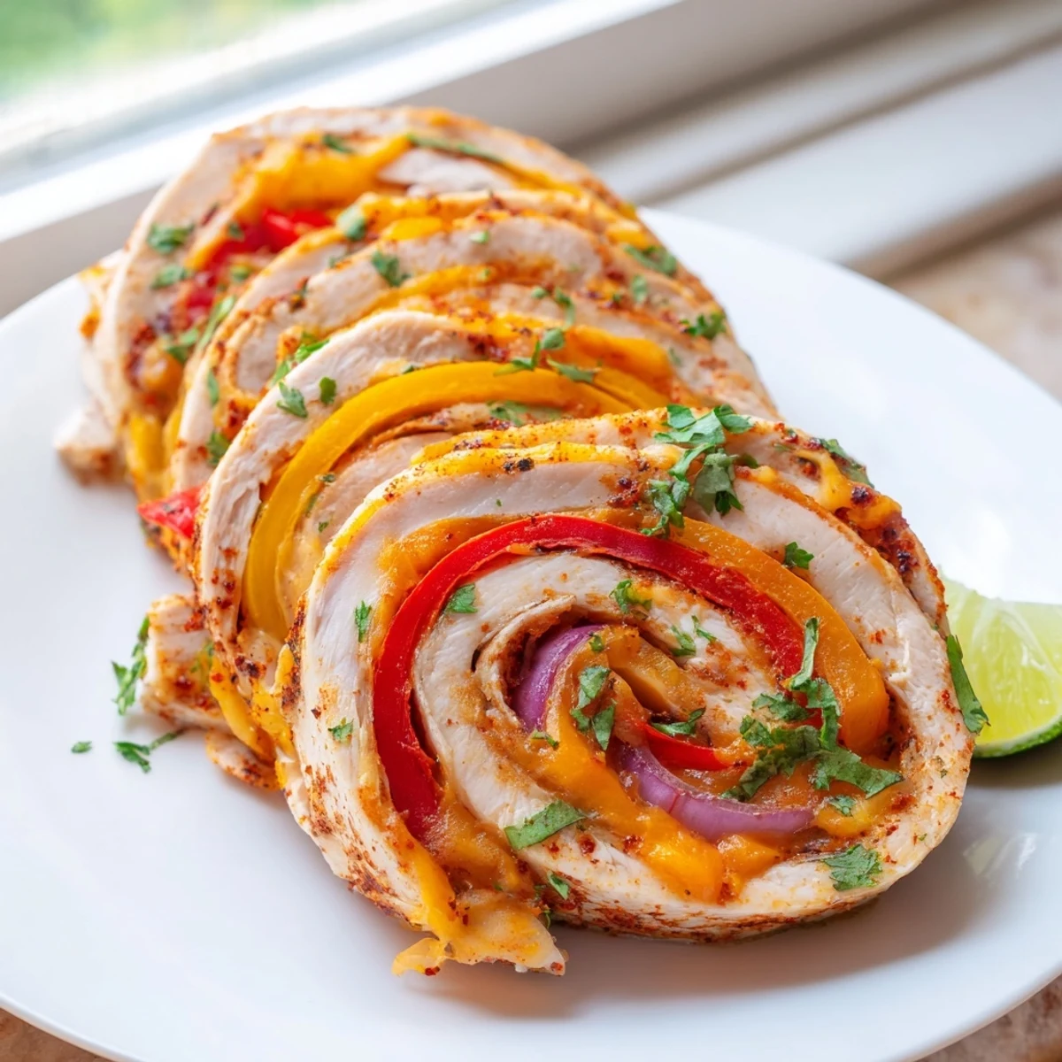 Golden baked chicken fajita roll ups sliced open to reveal melted cheese and colorful sautéed peppers