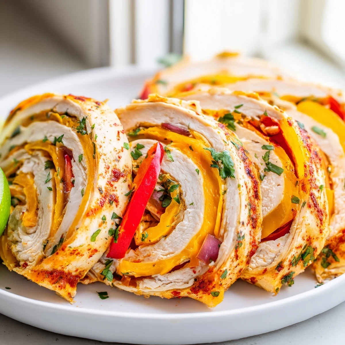 Juicy baked chicken fajita roll ups arranged on a plate with fresh cilantro and lime wedges