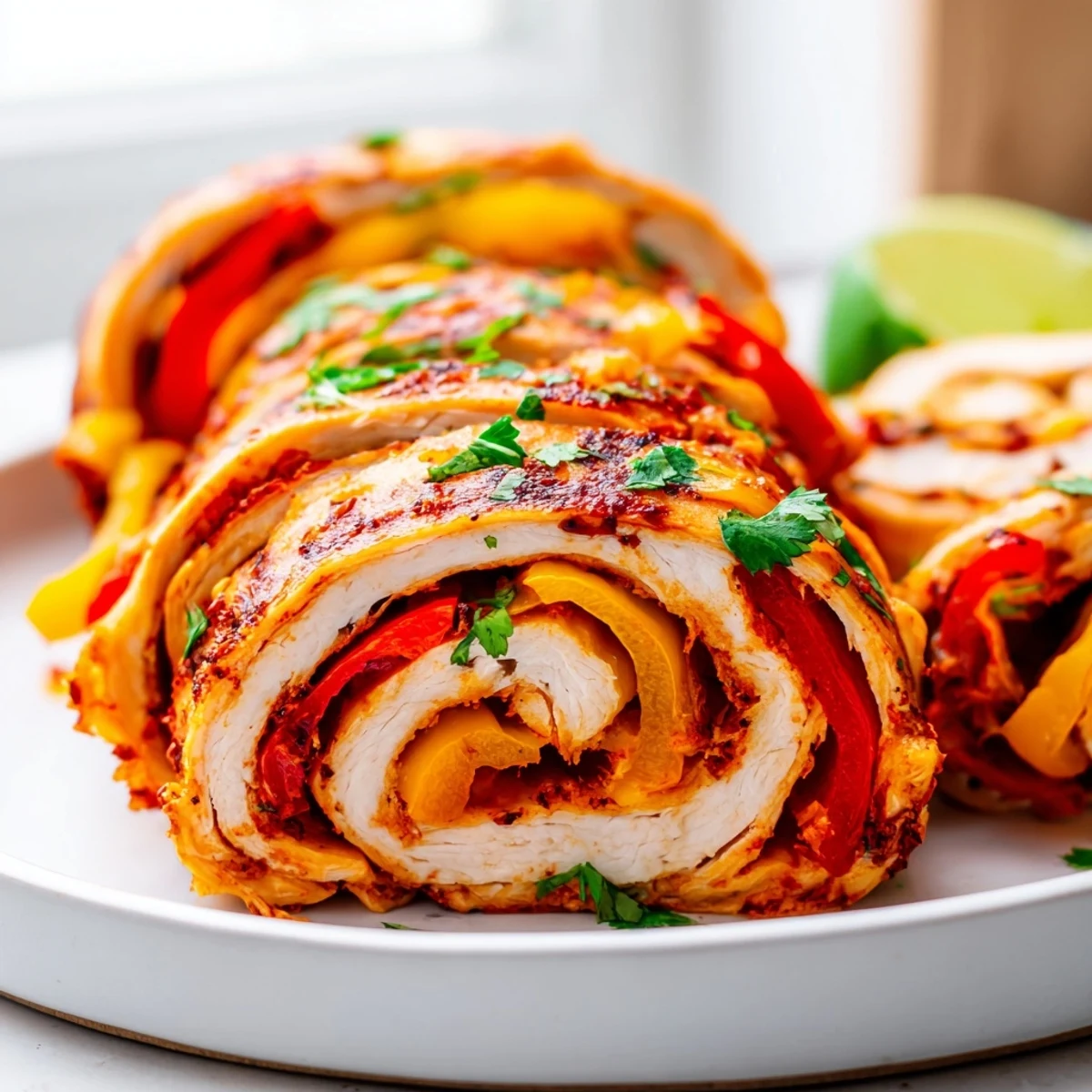 Cheesy baked chicken fajita roll ups with tender spiced peppers and onions fresh from the oven